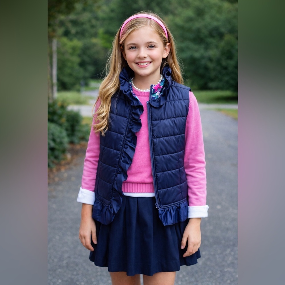 Lilly Pulitzer Girls Melanie Ruffle Floral Zip Up Puffer Vest